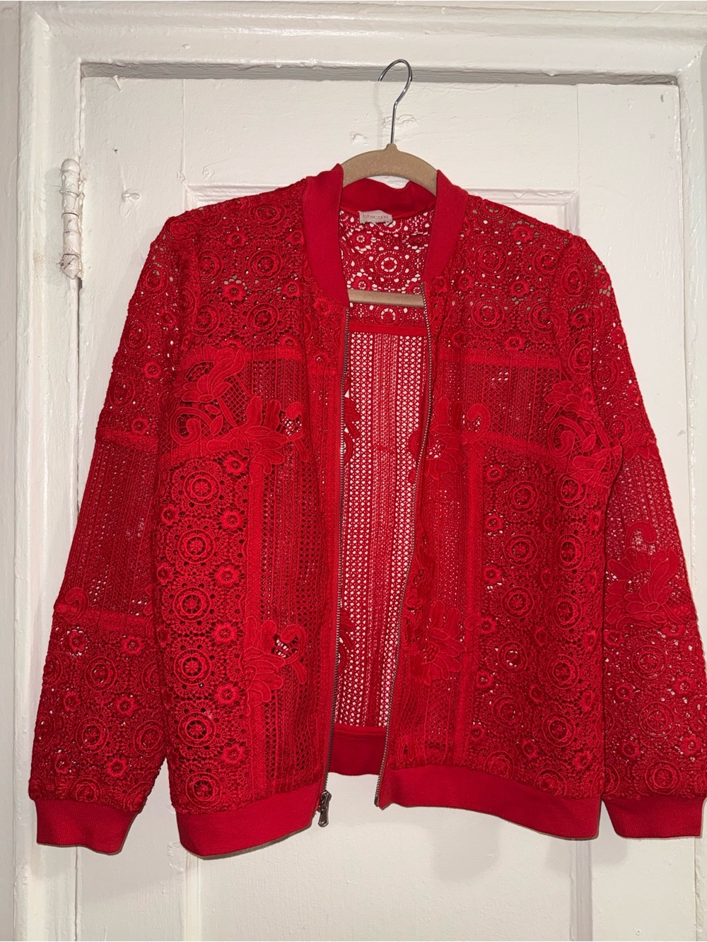 Chico's Red Crochet Lace Bomber Jacket